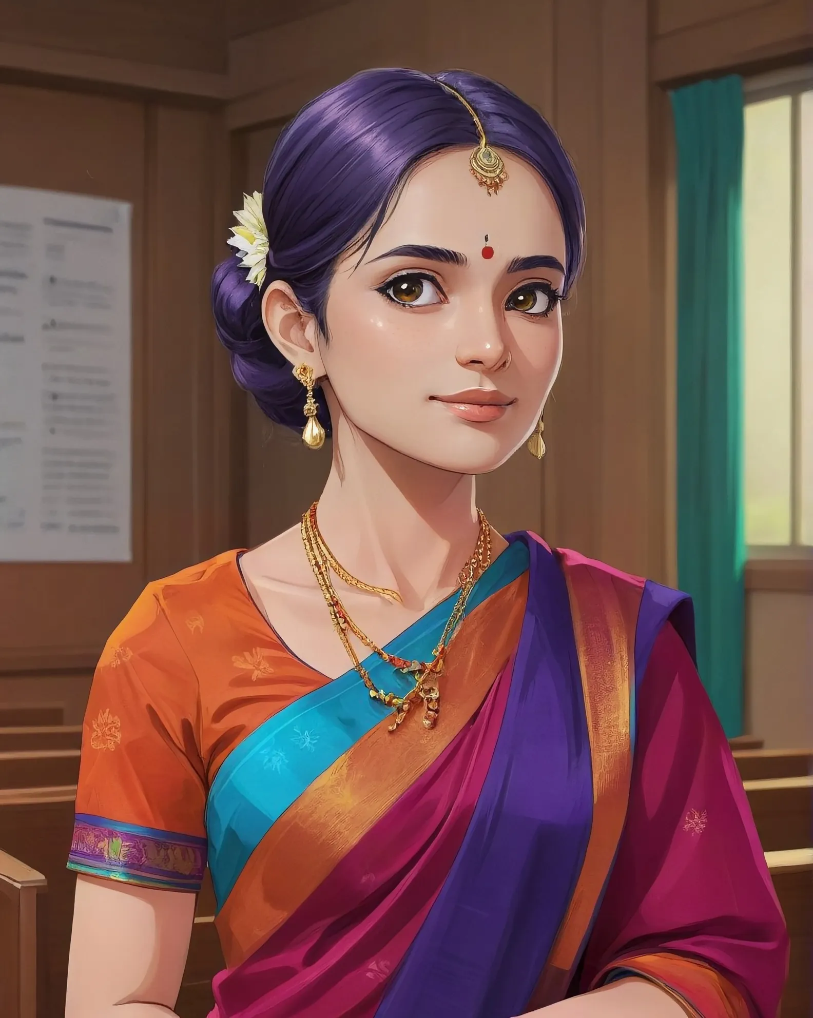  a beautiful Indian university professor. Sari  in vibrant colors. Minimal jewelry, bindi. Neat hairstyle, natural makeup. Confident, engaged expression with hand gesture. University lecture hall background.  