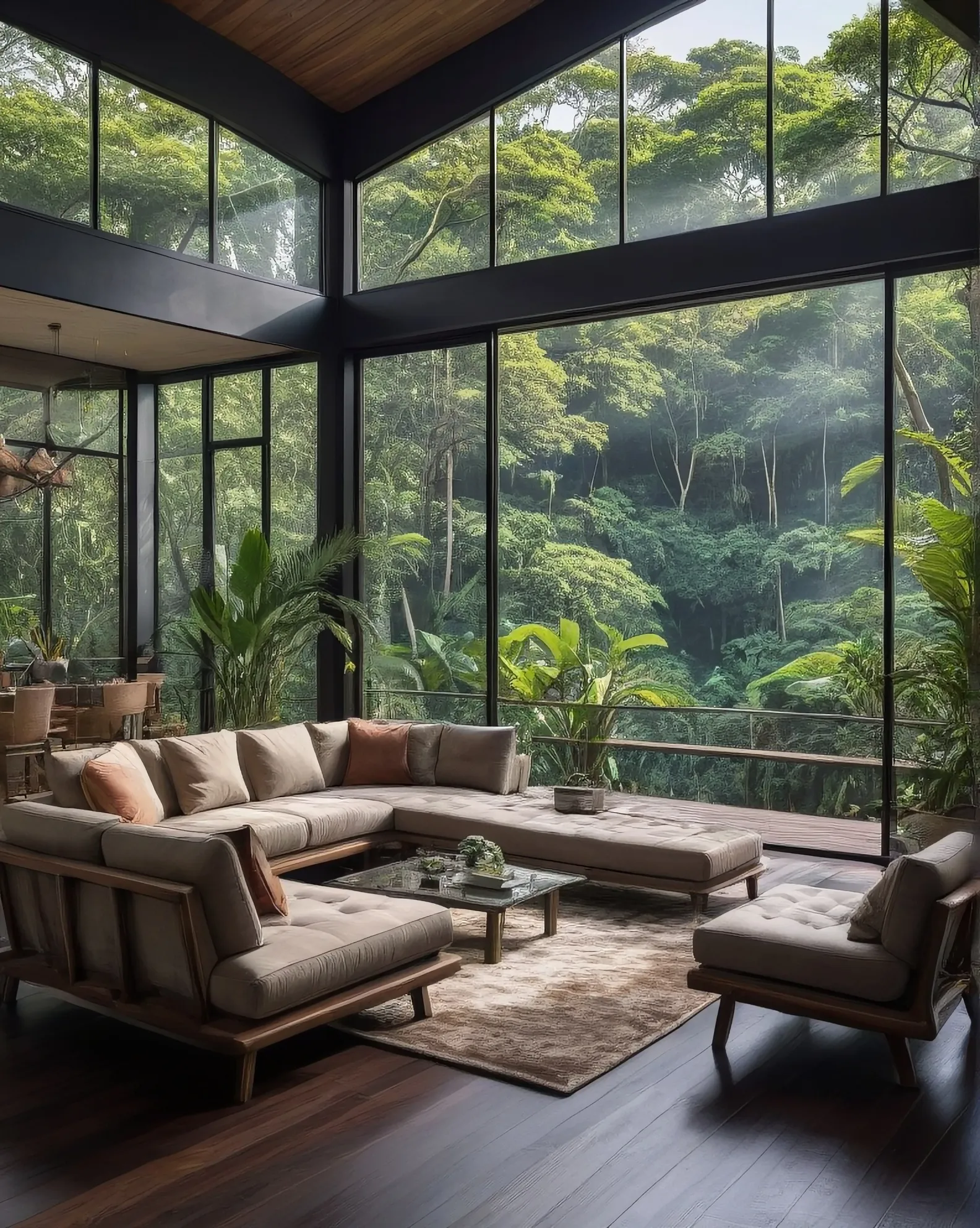 A beautiful living room middle jungle, - AI Photo Generator - starryai