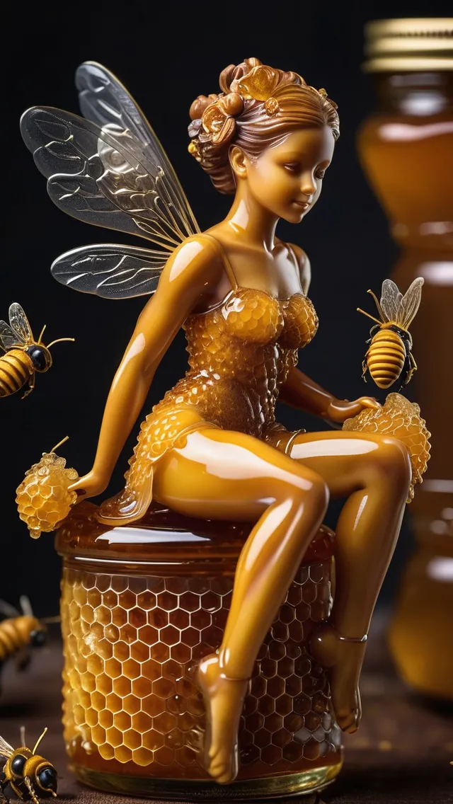 A tiny gorgeous honey fairy woman, honey wings, honey, made of honey, sitting on a jar of honey, bees, 🐝 🐝 🐝, busy bees, intricate honeycomb, hyperrealistic, photorealistic, Volumetric Lighting, Detailed Background, Textural, Ornate Motifs, Extreme Detail
