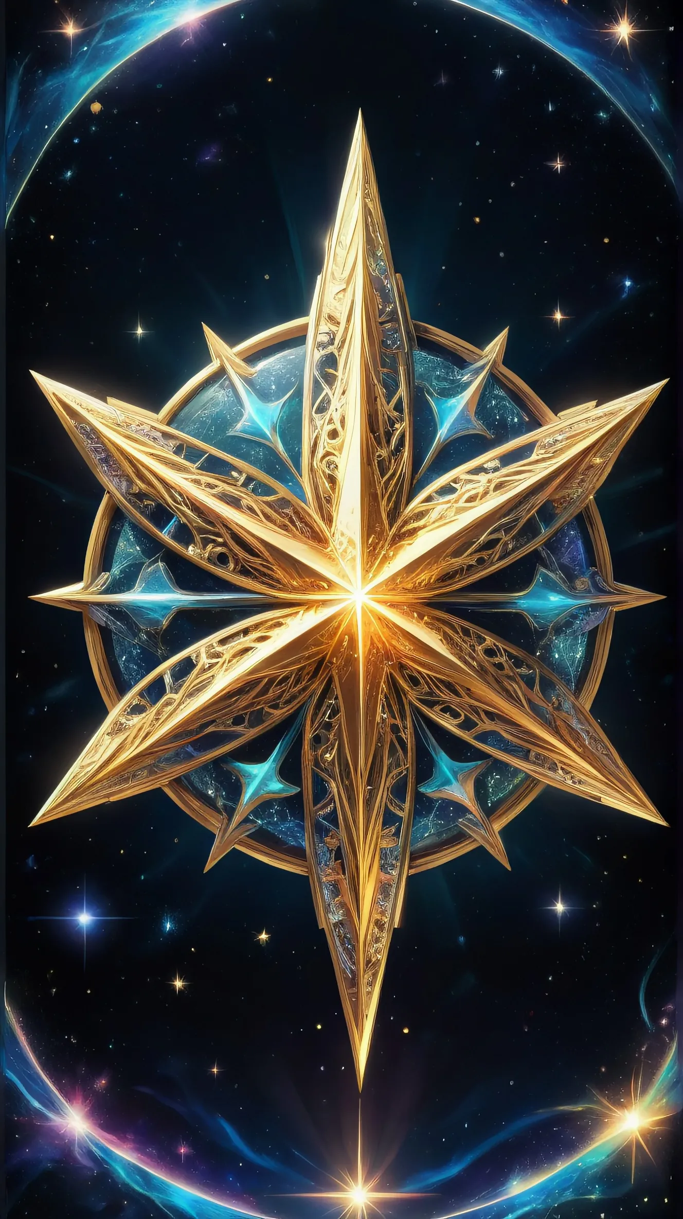 An enchanting and vibrant image of a sparkling ten-pointed gold star adorned with intricate details, featuring a mesmerizing orb at its center that radiates a celestial glow.