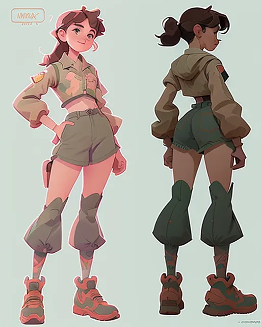 character design sheet for a girl with lots of cloud or mist tatoos, and a robotic leg