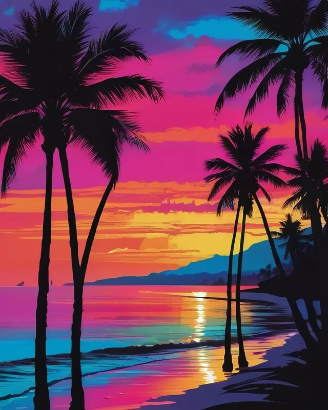 A tropical beach scene with a vibrant palette of colours. A row of palm trees lined the beach, their silhouettes adding contrast to the bright colours of the sky