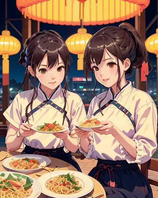 Two best friends having dinner together at a Chinese restaurant, eating noodles, heartwarming memory lovely aesthetic night cute 4k