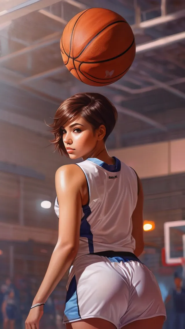 Portrait cute basketball girl, curvy, glutes, showing midriff, athletic body, perfect face, short brown hair, mocha skin, beautiful, soft skin, showing midriff, holding basketball [art style Artgerm, Kuvshinov Ilya] detailed, oil painting, polished, volumetric lighting, indoor basketball court, background lighting, dynamic lighting.