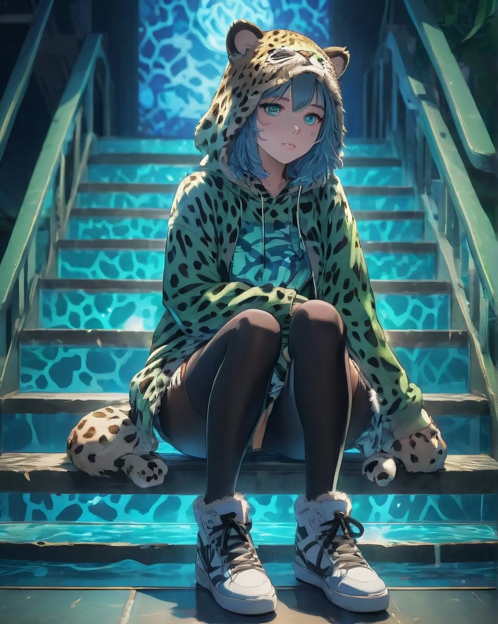A girl sitting on glass wears a - Free AI Photo Generator - starryai