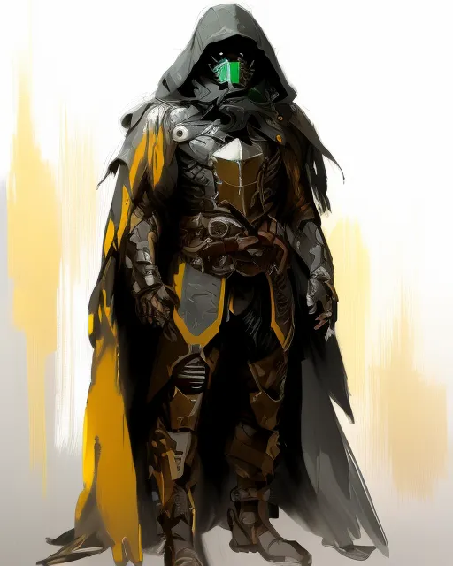 a cool warrior from the future in black and yellow armor stands against the background of rocks with his sword in his hands, cyberpunk, warframe, beautiful frame, atmospheric, black, yellow and red tones, dark tones, dystopian gloom, full height, despair, scuffs, comic, 4k, lots of details, excellent drawing. In full growth