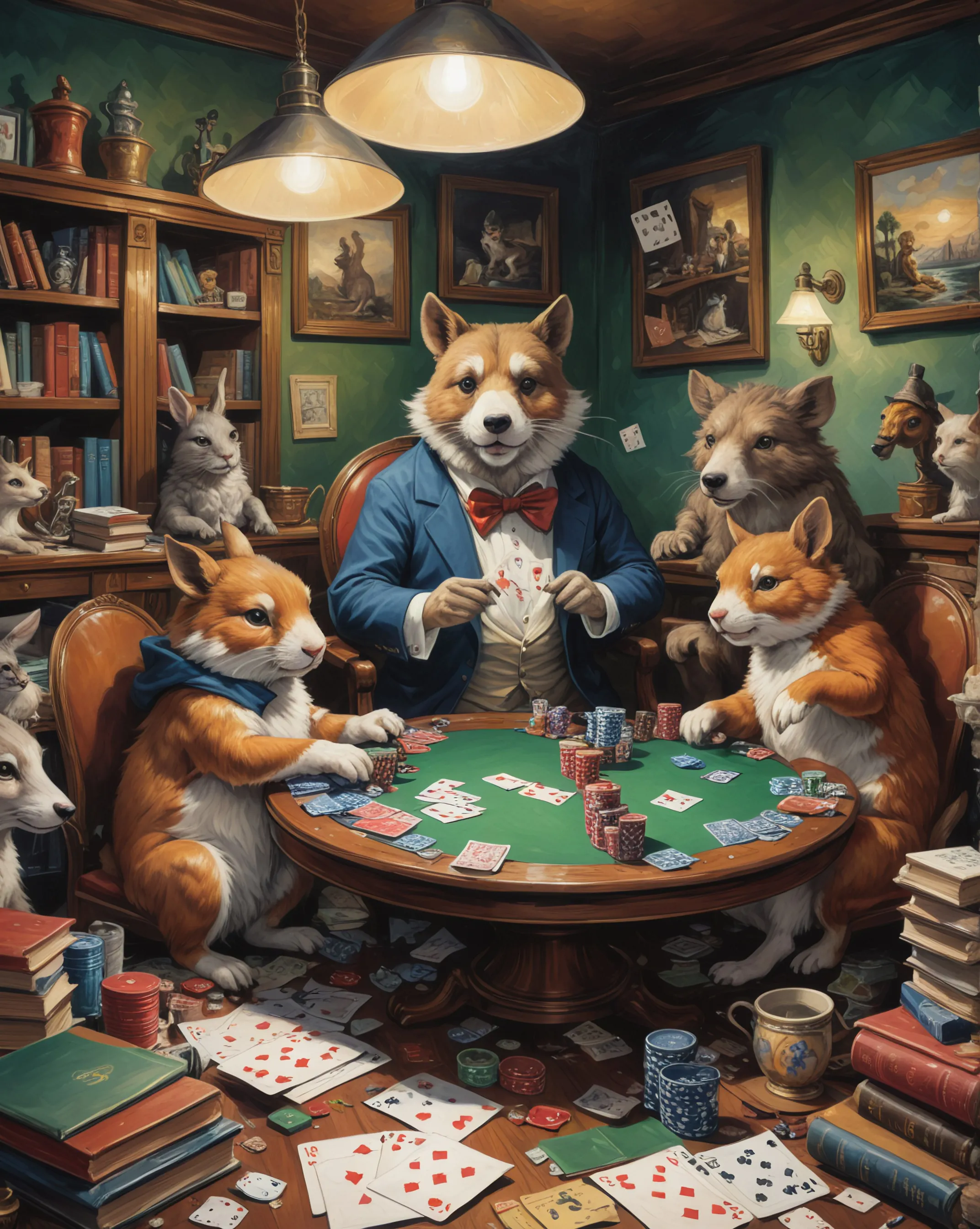 
A whimsical painting of a dog, a goat, and a sheep engaged in an intense game of poker around a small table in a cluttered room.  The room is overflowing with books, paintings, and various knick-knacks, creating a cozy and slightly chaotic atmosphere.
