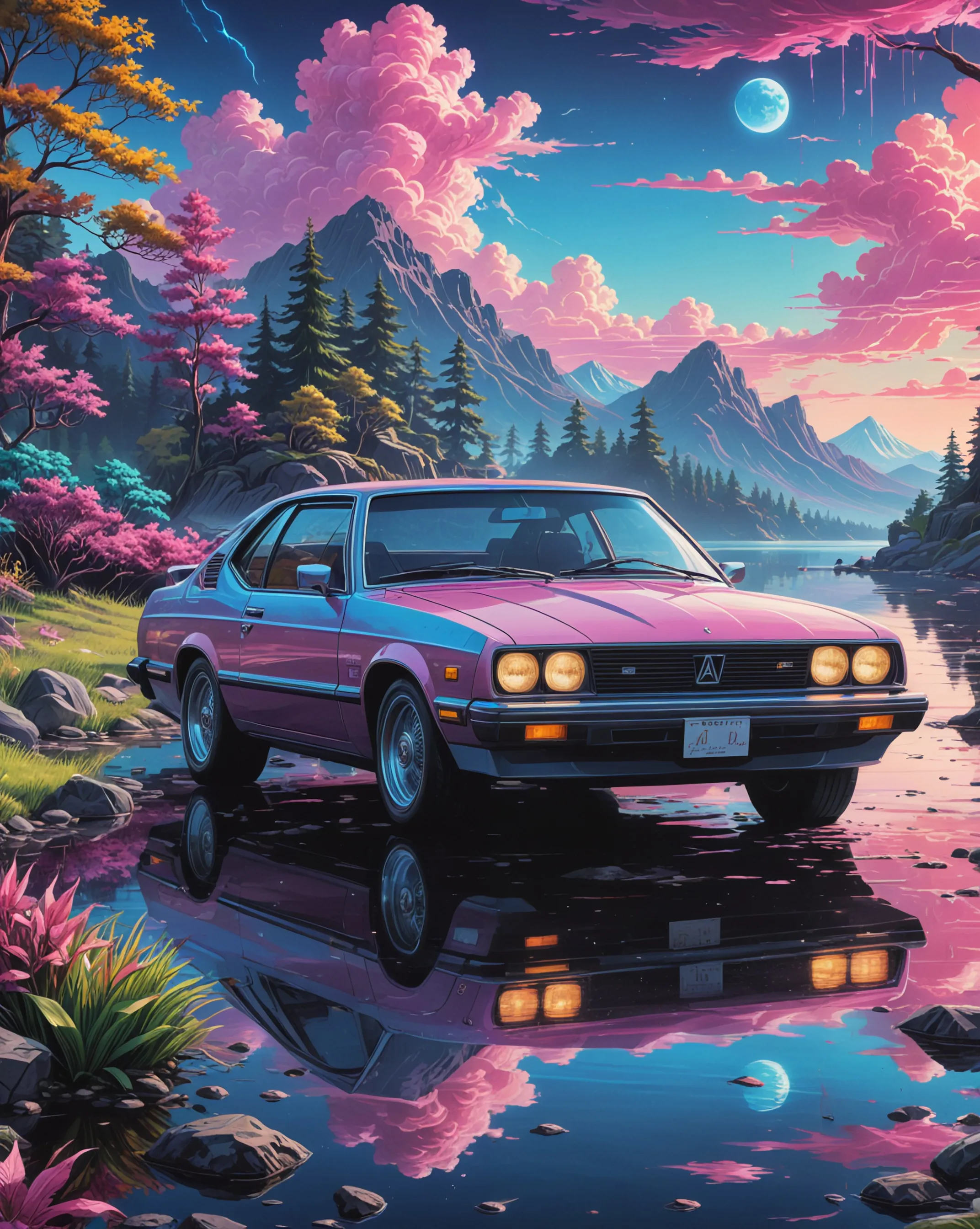 A car next to a lake, digital painting,  detailed full-color,  hd photography,  fantasy by john stephens,  galen rowell,  david muench,  james mccarthy,  hirō isono,  realistic surrealism,  elements by nasa,  detailed,  alien plants,  gloss,  hyperrealism,  synthwave painting,  sunset city,  extreme detail,  digital art