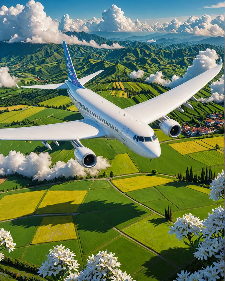 White eagle and Boeing on sky, down below green fields