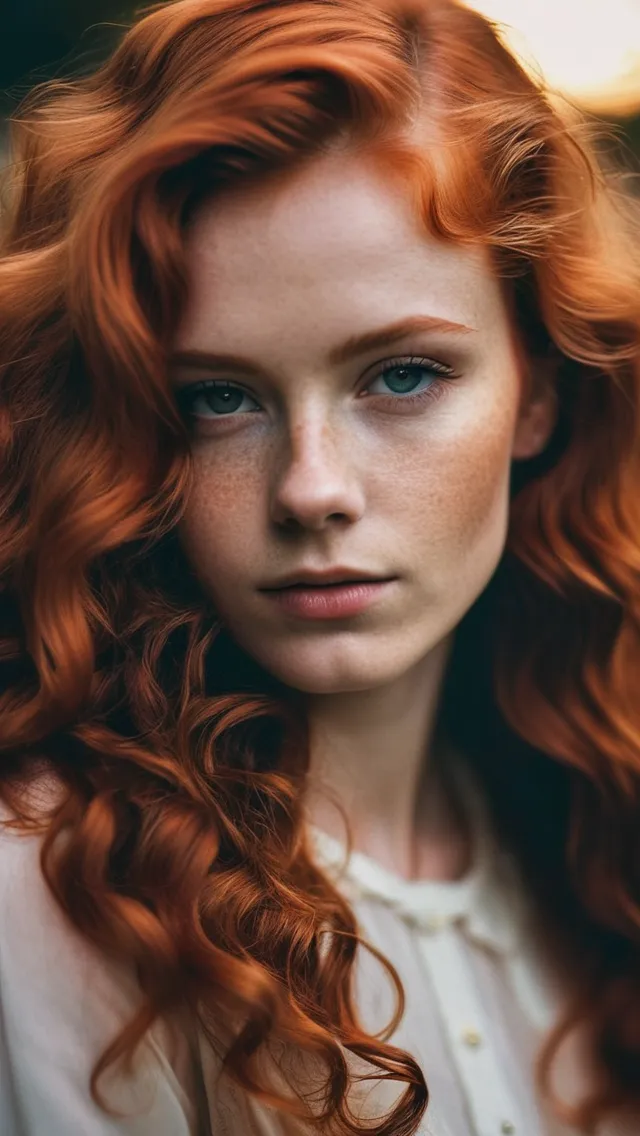 Create a Portrait of a female (25 years old, Naturally wavy Red Hair, super macro detailed), vintage photography,  beautiful,  tumblr aesthetic,  retro vintage style,  hd photography,  hyperrealism, colourful lighting