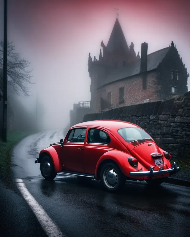 A red volkswagen beetle driving - Free AI Photo Generator - starryai