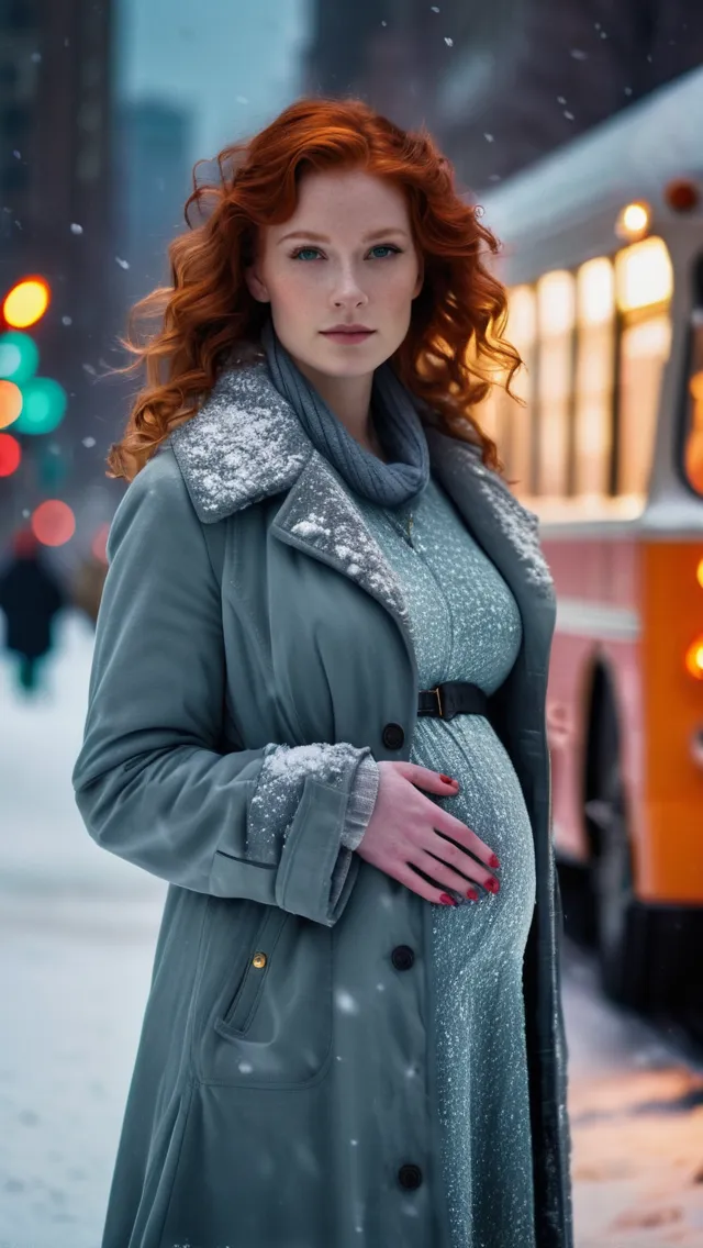 Create a woman in full body Portrait (25 years old, Naturally wavy Red Hair, simple Makeup, simple Lila Winter Dress, pregnant 9 mounth), was waiting at the bus terminal in the middle of the NY City in the Winter time (snow Blizzard), vintage photography, beautiful, tumblr aesthetic, retro vintage style, hd photography, hyperrealism, colourful lighting, tiny Details, hyperdetailed, photorealistic, super macro detailed, glowing neon, flickering light