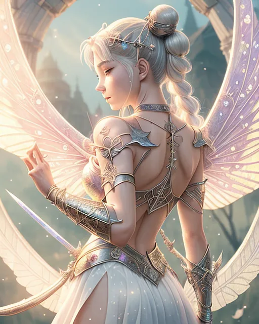 Sailor moon, Asian complex, sharp brown eyes, blond hair, intricate buns with crystal beads, Roman armour , long sword on her back, tattoo on her back with ancient symbol, crescent moon above her head as background, long angle white wings, battlefield scene