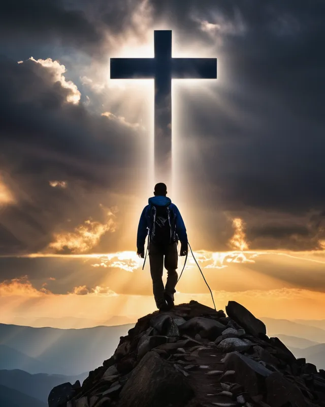 Create an AI-generated image of a man determinedly climbing a mountain. The summit of the mountain features a radiant cross, symbolizing hope and salvation. The mountain itself is composed of negative words such as "depression," "hate," "fear," and "despair," forming a daunting obstacle. The man, though weary, is filled with resolve as he ascends towards the light of the cross. The background should reflect a dramatic sky transitioning from dark storm clouds near the mountain's base to a golden, hopeful dawn at the peak.