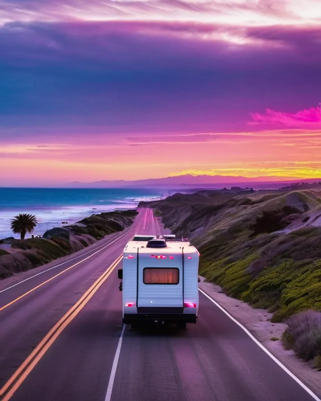 Driving down the road in a rv on a gorgeous summer evening at sunset along the California Coast Beach Line, but with a gorgeous pink purple and sunset over a beautiful day scene from a rv windows from the road