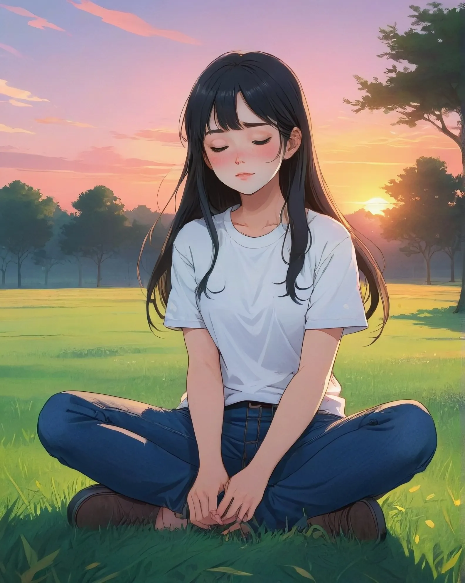 girl long dark hair closed eyes - Free AI Photo Generator - starryai