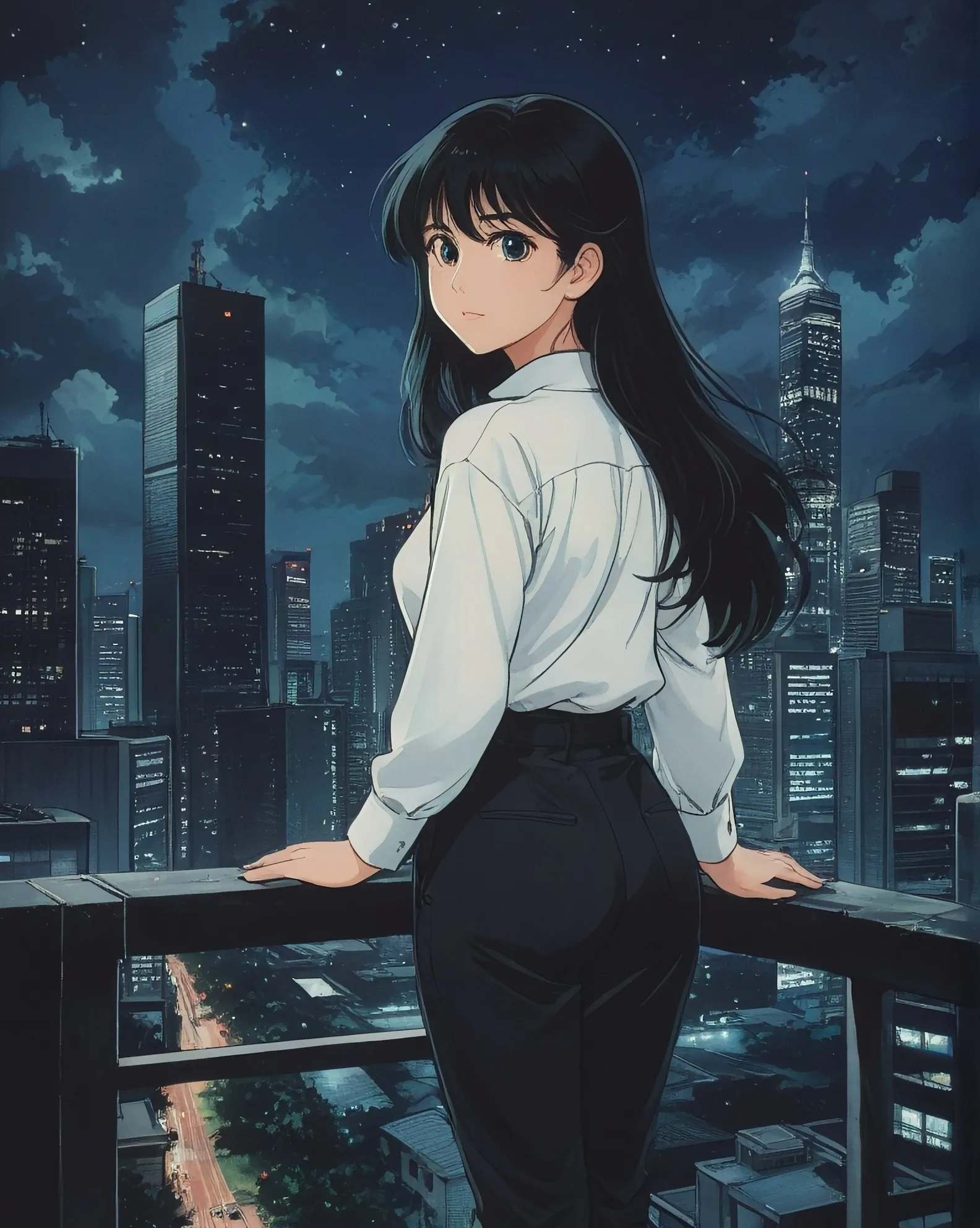 Girl with long dark hair dressed in white shirt and dark pants standing on balcony and looking towards night city with skyscrapers and highway, dark night sky 