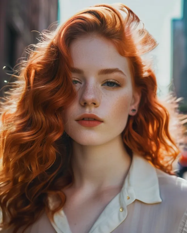 Create a female ("kiss me") Portrait (23 years old, Naturally wavy Red Hair), in NY City, 🌞 very hot Summer, vintage photography, beautiful, tumblr aesthetic, retro vintage style, hd photography, hyperrealism, colourful lighting, tiny Details, hyperdetailed, photorealistic