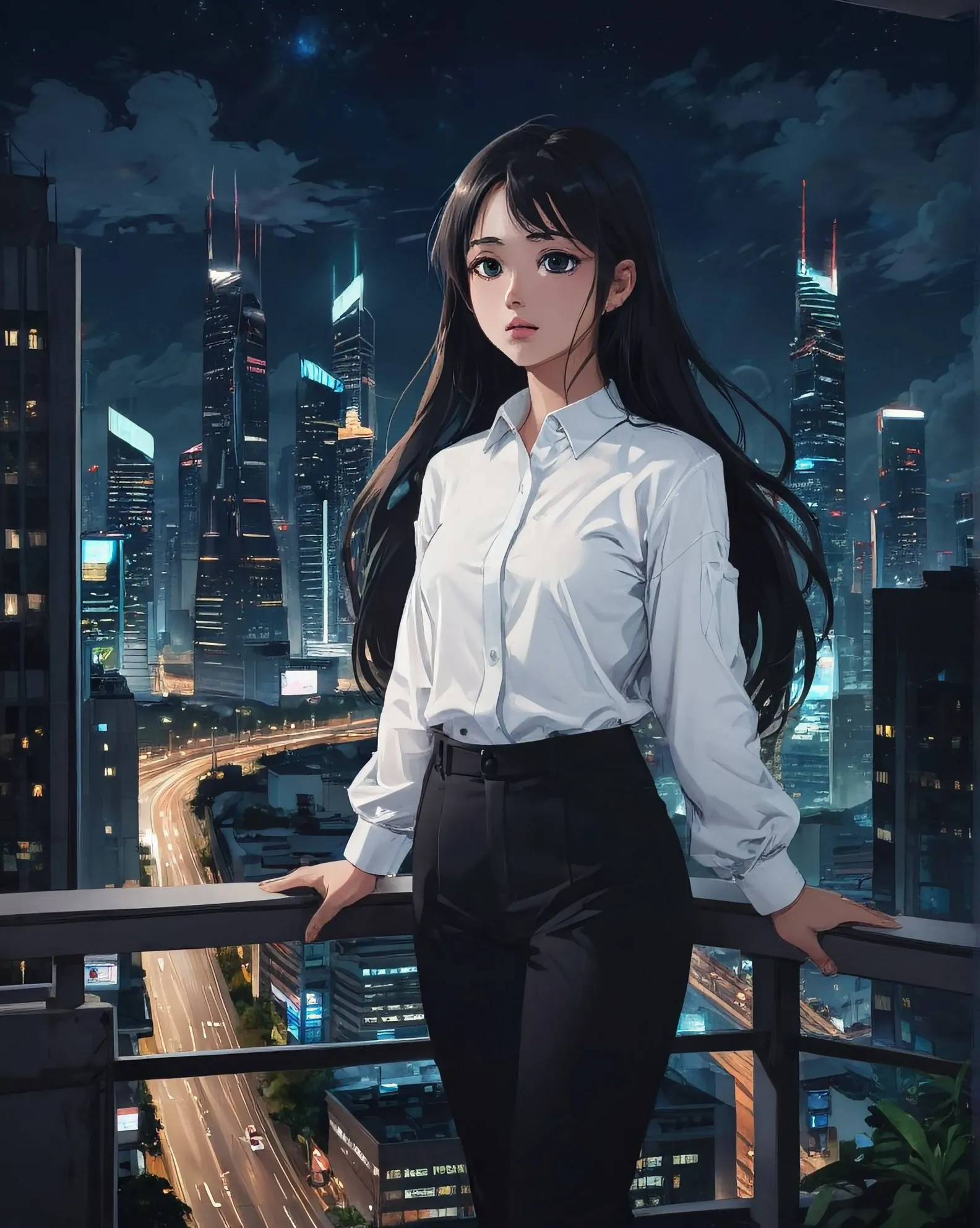 Girl long dark hair dressed white - Free AI Photo Generator - starryai