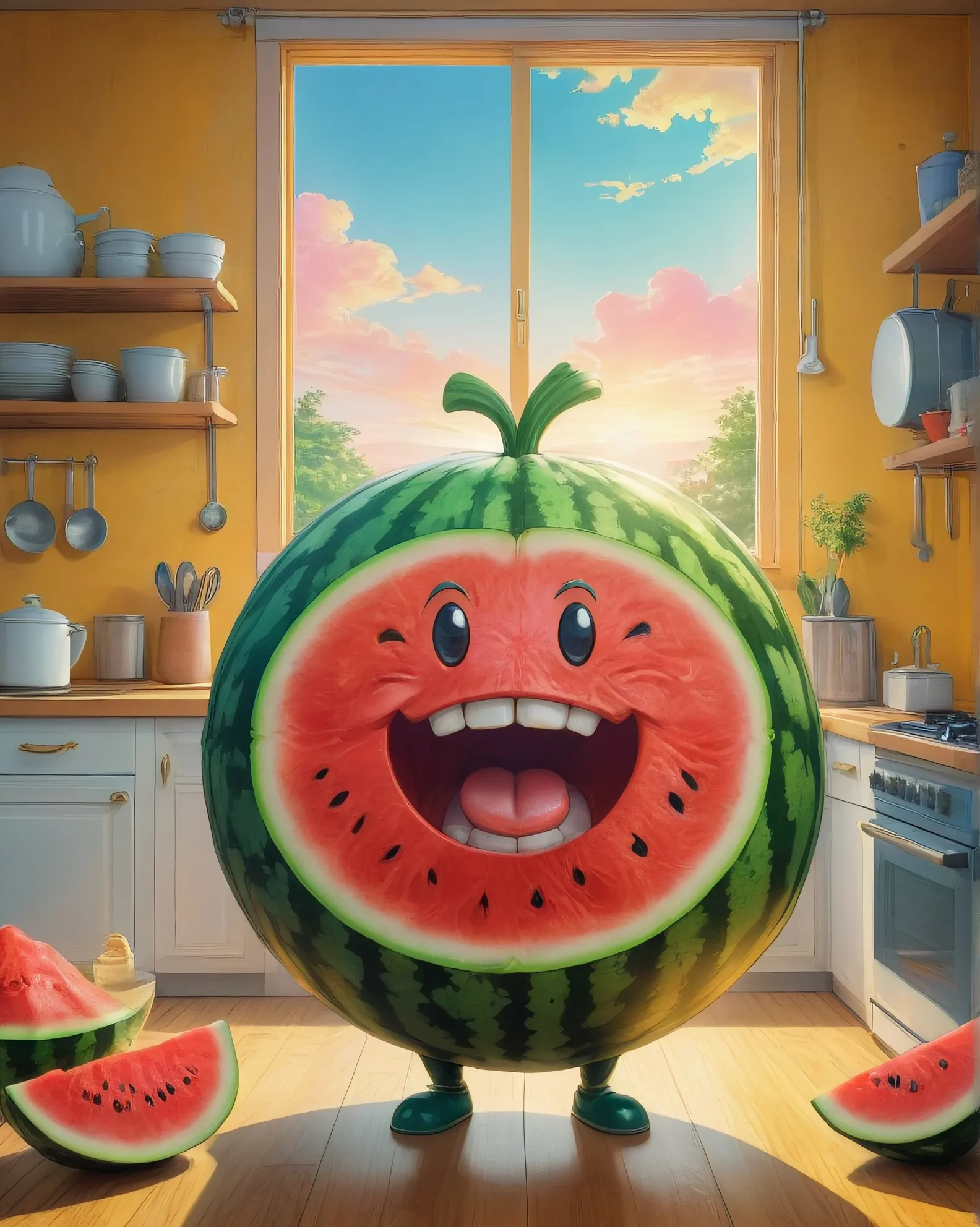 Beautiful fantastical anthropomorphic watermelon being, kitchen background , golden hour, hdr, hyperdetailed