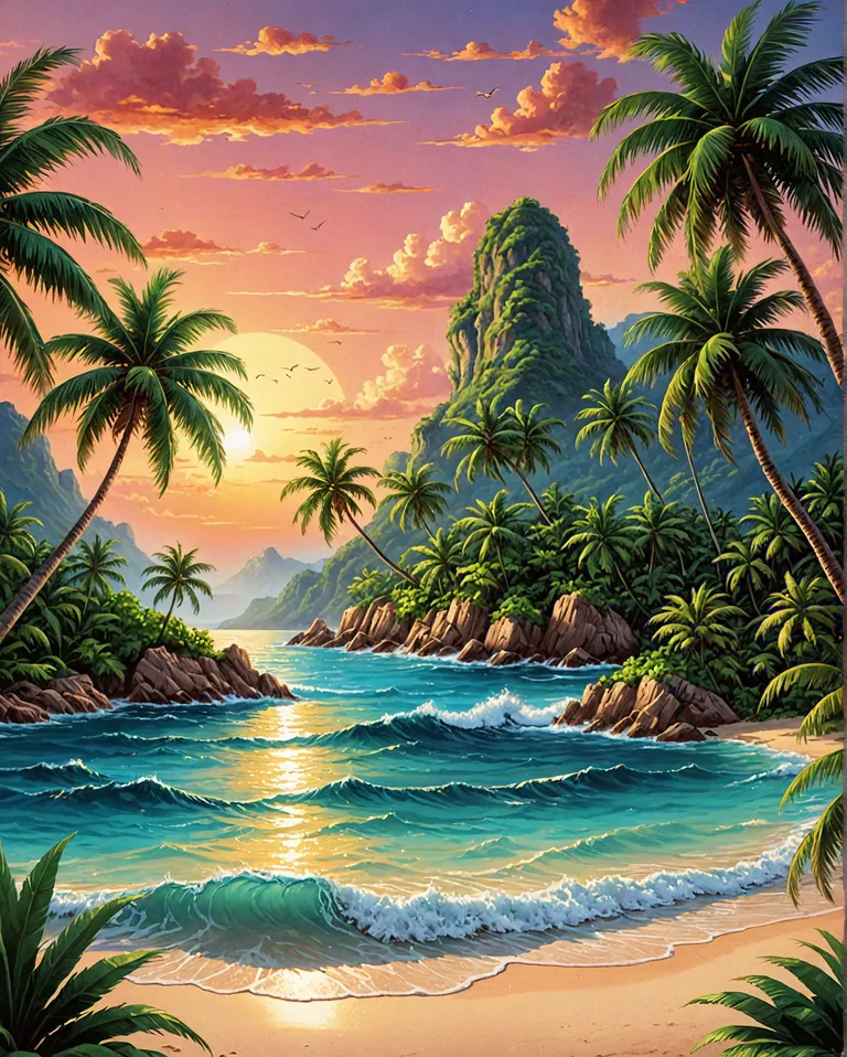 tropical paradise, beautiful palm trees, island in the horizon, psychedelic, colorful, seascape, serene, detailed