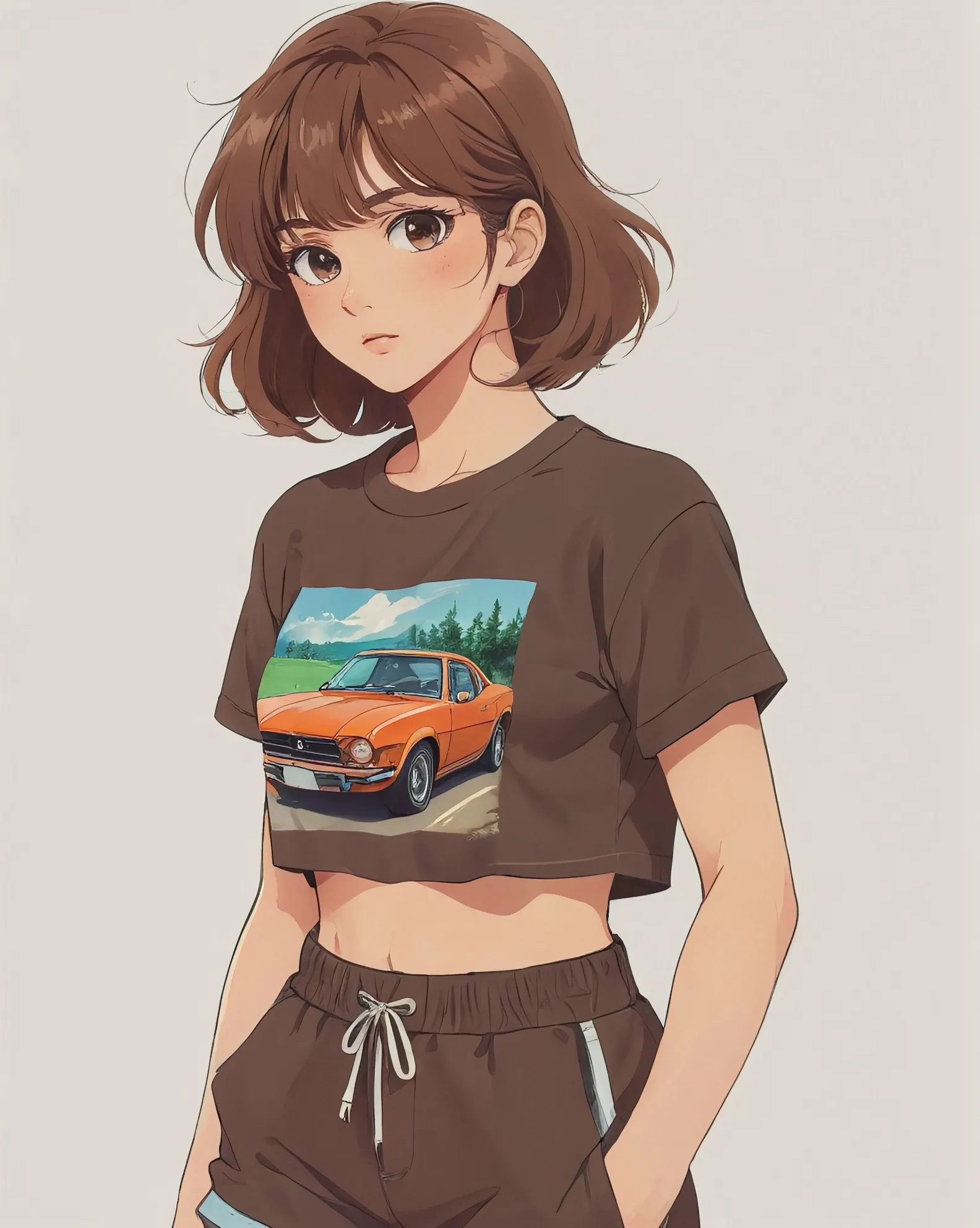 Girl with crop top car t shirt and shorts and long brown hair