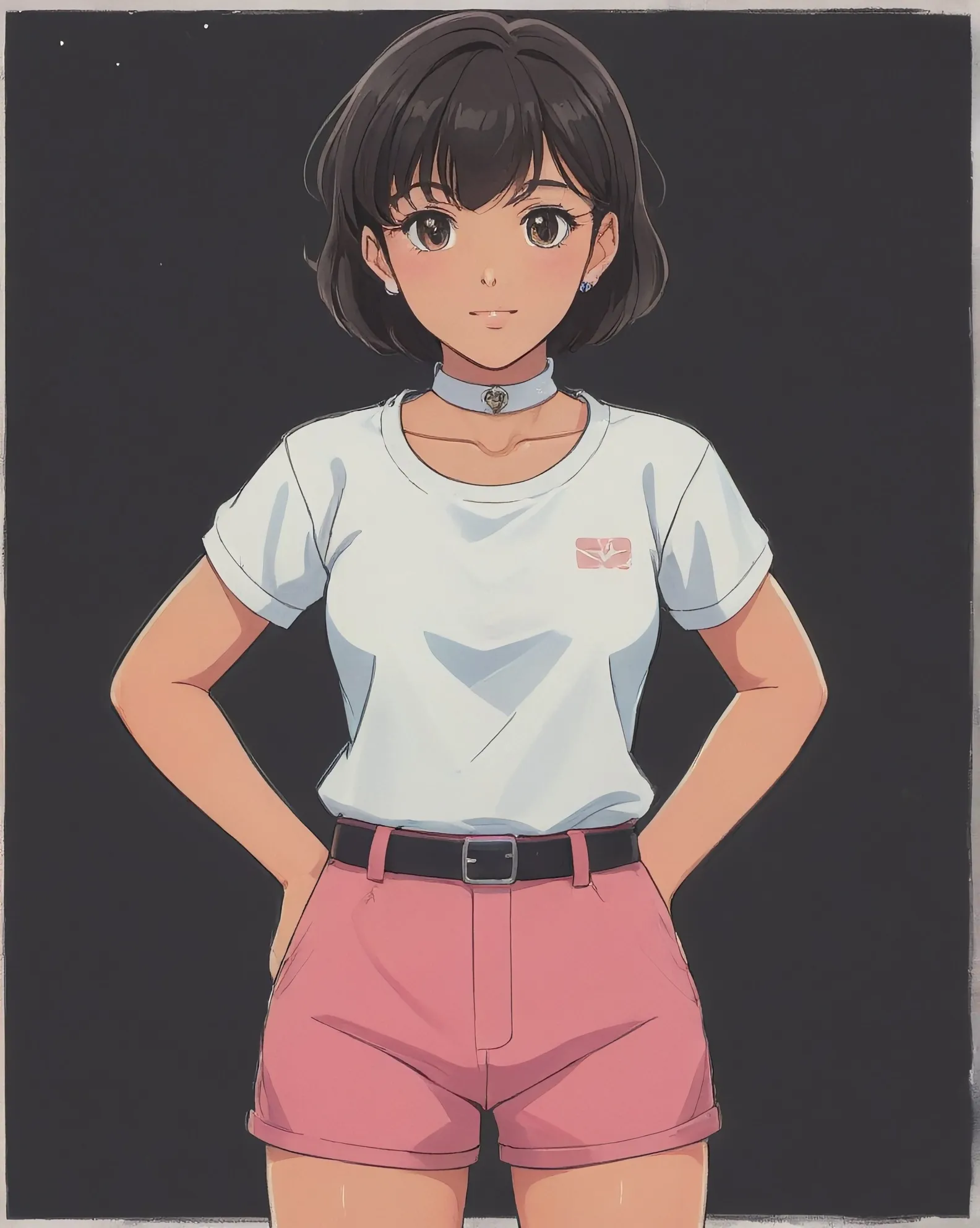 1girl, hand on hip, solo, choker, hands on hips, dark skin, dark-skinned female, short hair, shirt, black choker, short sleeves, earrings, simple background, standing, smile, tomboy, collarbone, white shirt, pink gym shorts