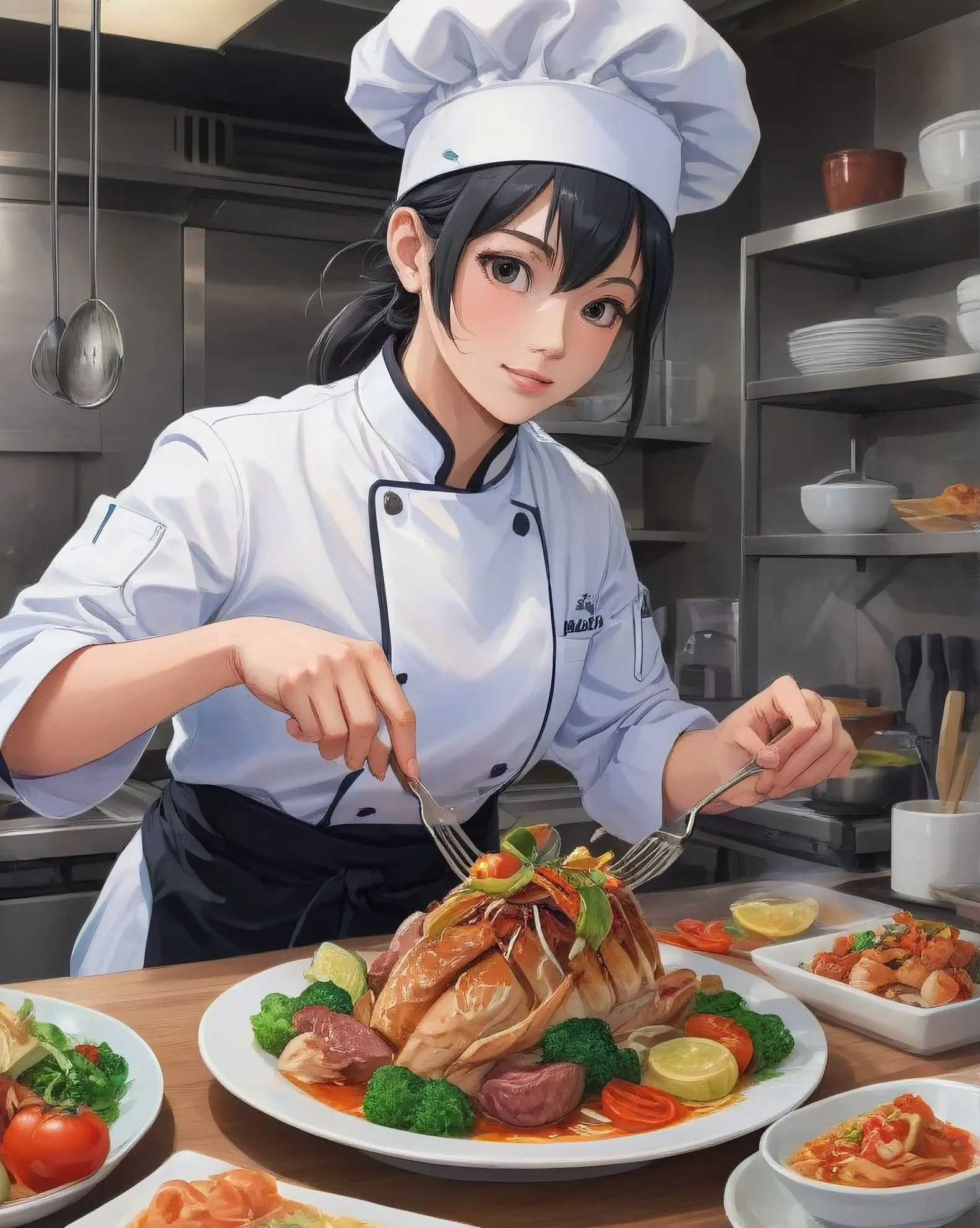 A chef artfully arranging a visually stunning dish, her hands moving with practiced precision, her creativity shining through.