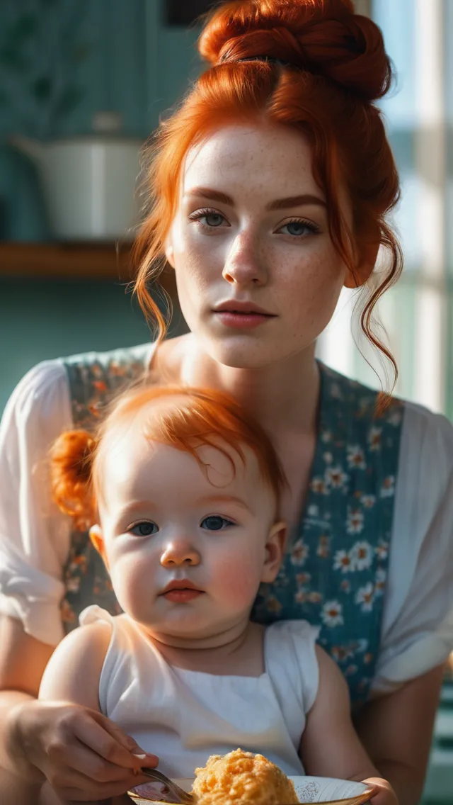 Create a retro female, full Body Portrait (23 years old, Naturally wavy bun Red Hair), feeds her little child ( a smeared mouth) with porridge at Home, Los Angeles, 🌞(very hot Summer), vintage photography, beautiful, tumblr aesthetic, retro, hd photography, hyperrealism, colourful lighting, tiny Details, hyperdetailed, photorealistic, flickering light, glowing neon, digital painting, digital illustration, extreme detail, digital art, 4k, ultra hd