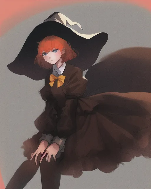 A girl with ginger hair and awhite bow in her hair. She also wearing a witch hat and uniform 