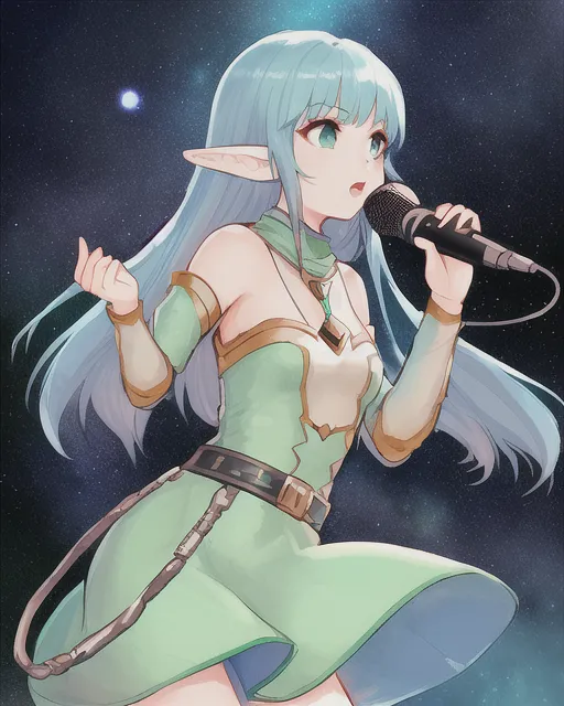 A girl with elf ears in the galaxy 🌌   singing in a microphone 