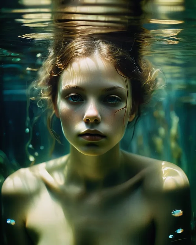 Artwork by Michael Shapcott, a beautiful ethereal woman underwater, bathed in chiaroscuro lighting, surrounded by glowing algae. Painting featuring detailed brushstrokes and textures, strong contrast between light and shadow, dramatic atmosphere. porcelain skin, water bubbles. The lighting accentuates her delicate features, highlighting the subtle curves of her face and figure. The deep shadows cast by the soft light source add depth and mystery to the portrait. The chiaroscuro technique brings out the intense gaze in her eyes. warm tones that complement the overall otherworldly atmosphere.