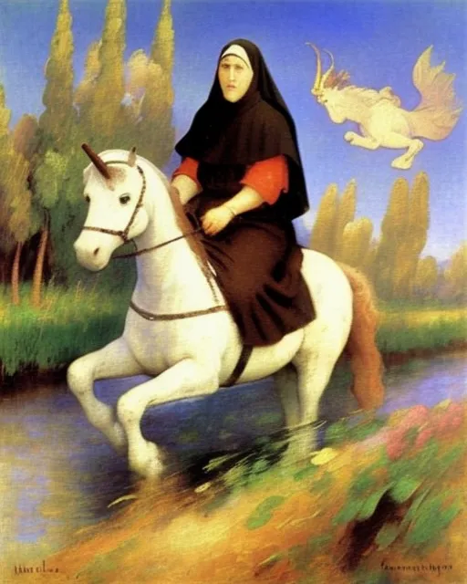 Nun Riding A Unicorn Along The Riverbank