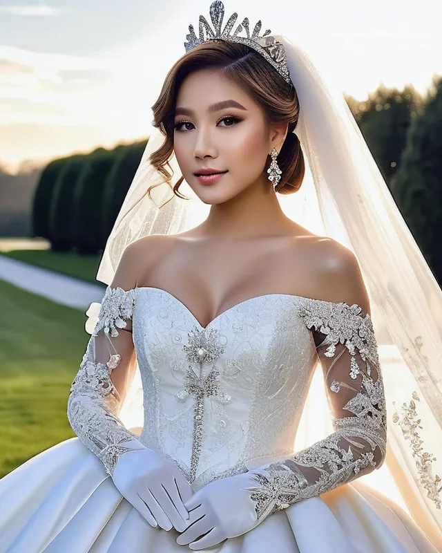 Pokimane modeling in a majestic, outdoor setting, adorned in a shimmering white satin bridal gown boasting a voluminous princess skirt, an elongated trail, a harmoniously fascinating veil, and an intricately laced and diamond-encrusted bodice. Crowning her head is a princess's tiara, while diamond earrings and necklace sparkle in contrast with the white satin of her elbow-length opera gloves