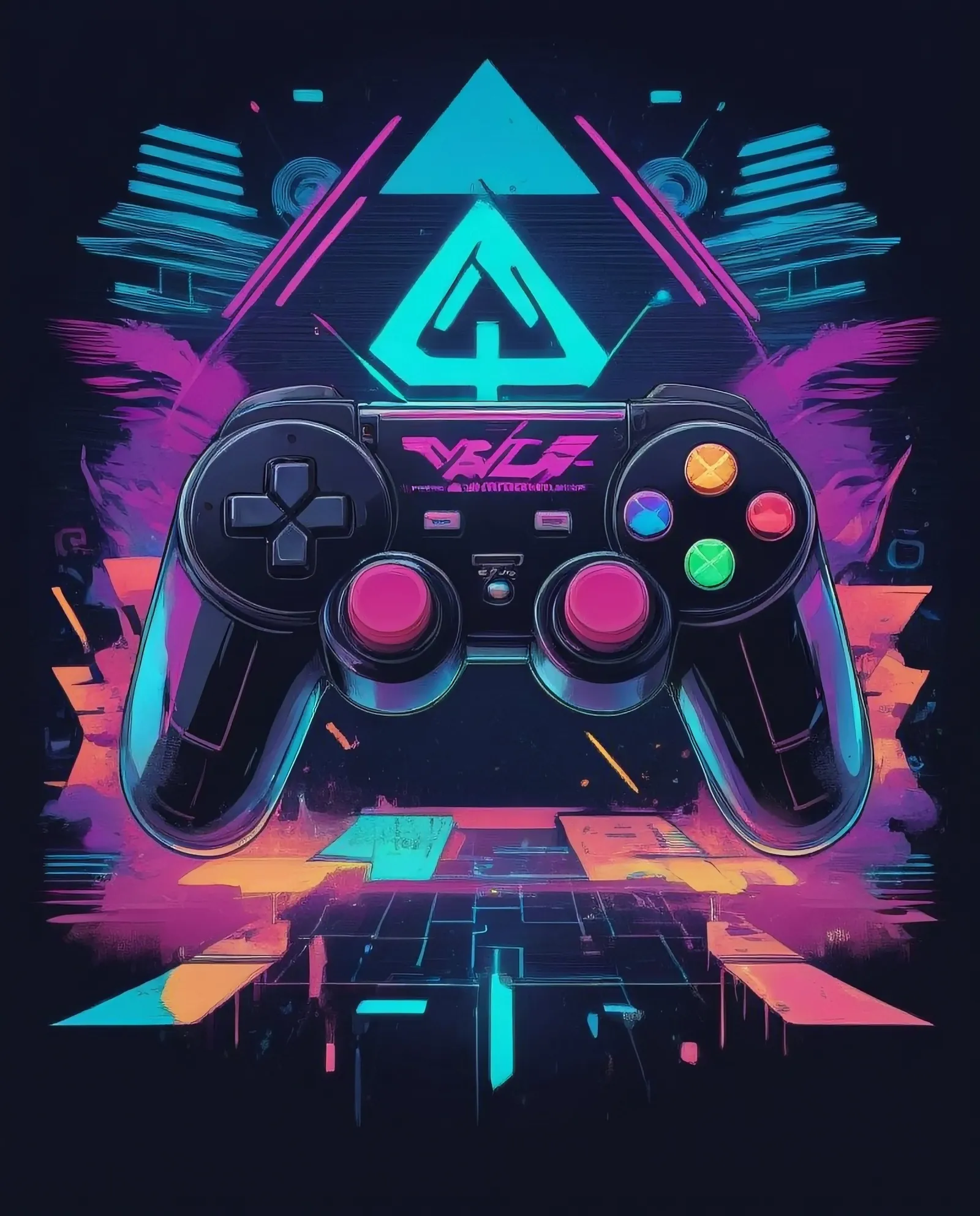 t-shirt vector, gaming controller graphic, synthwave, geometric, pop colors, detailed