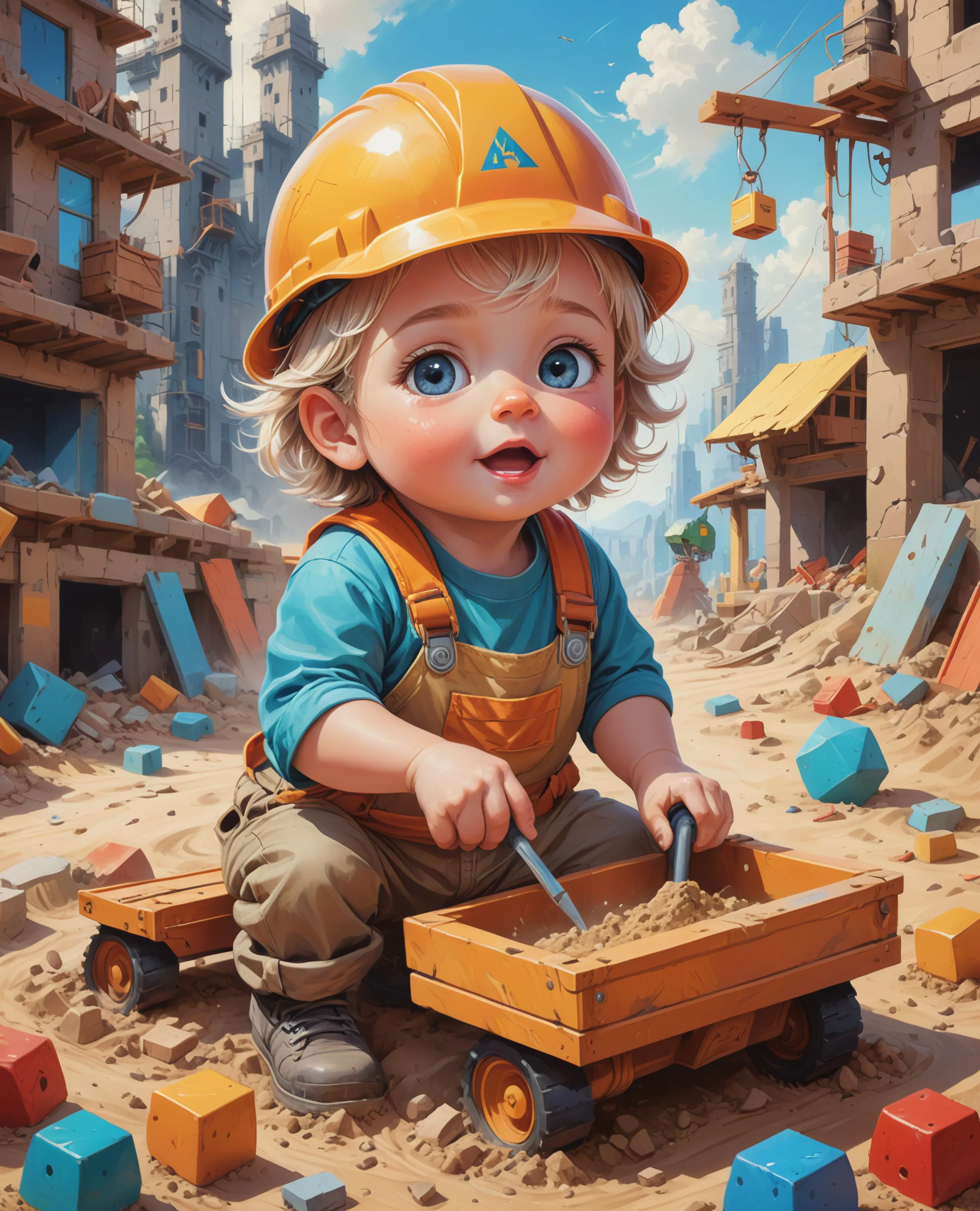 A young toddler imagining himself as a construction foreman while he plays with Tonka toys in a sandbox; Fantasy art, Beautiful, Detailed, Vibrant, Digital Painting, Hyperrealism, Surrealism, Octane Render, Trending On Artstation, Alena Aenami, Polished, Bob Byerley