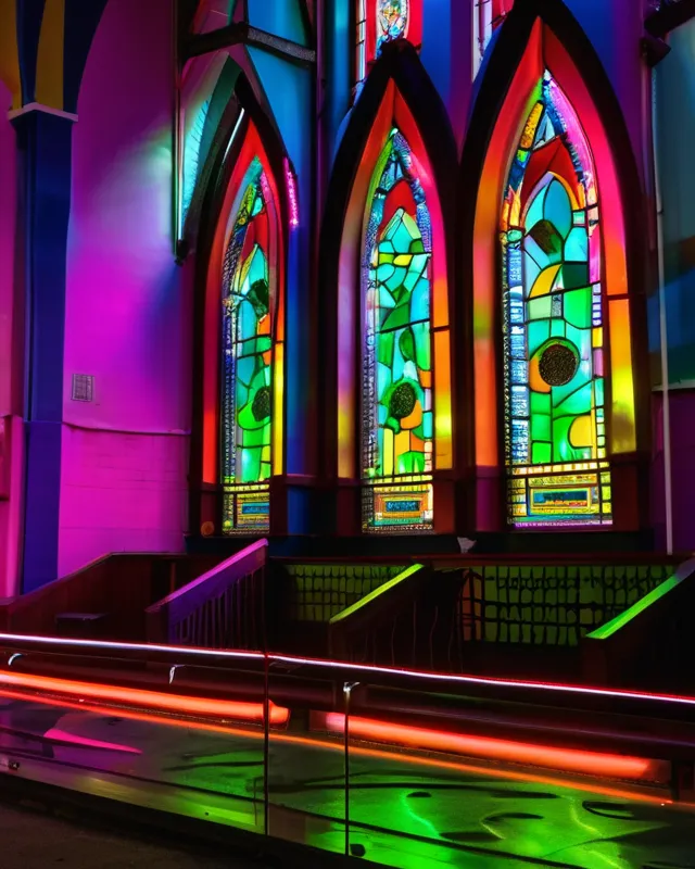 Neon chapel, neon church, street - Free AI Photo Generator - starryai