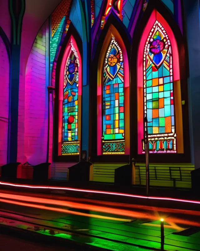 Neon chapel, neon church, street - Free AI Photo Generator - starryai