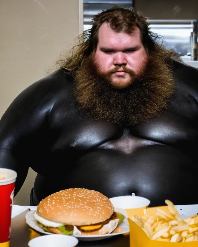 800 pound hairy man drinking beer and eating McDonald's 