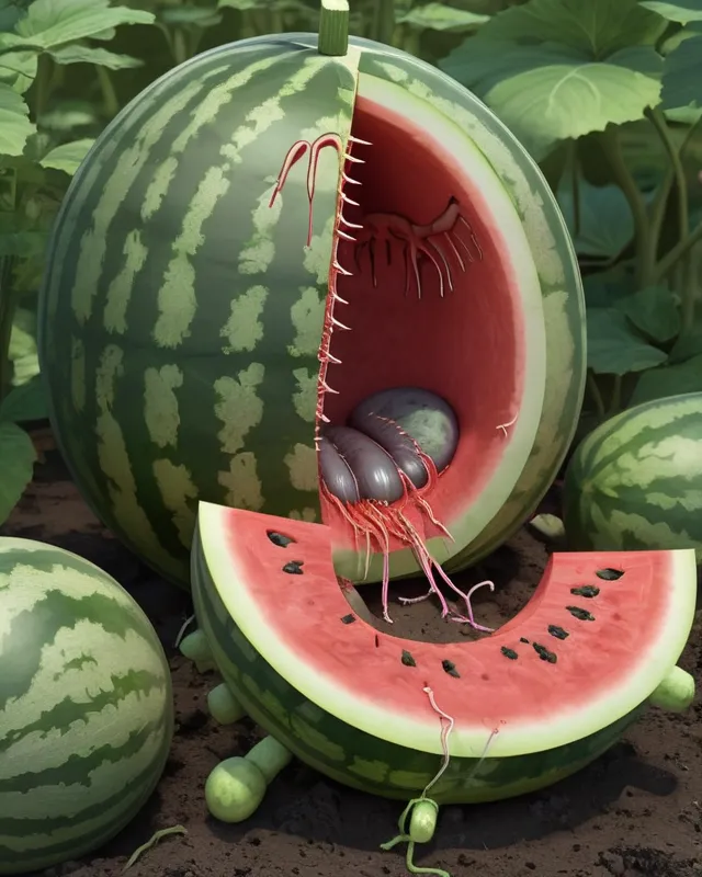 Watermelons in a Watermelon Patch with Organs, Nerves, Vascular and Skeletal Systems beginning to show, disturbing, morbid, anatomy, horror, hyper realistic, highly detailed 