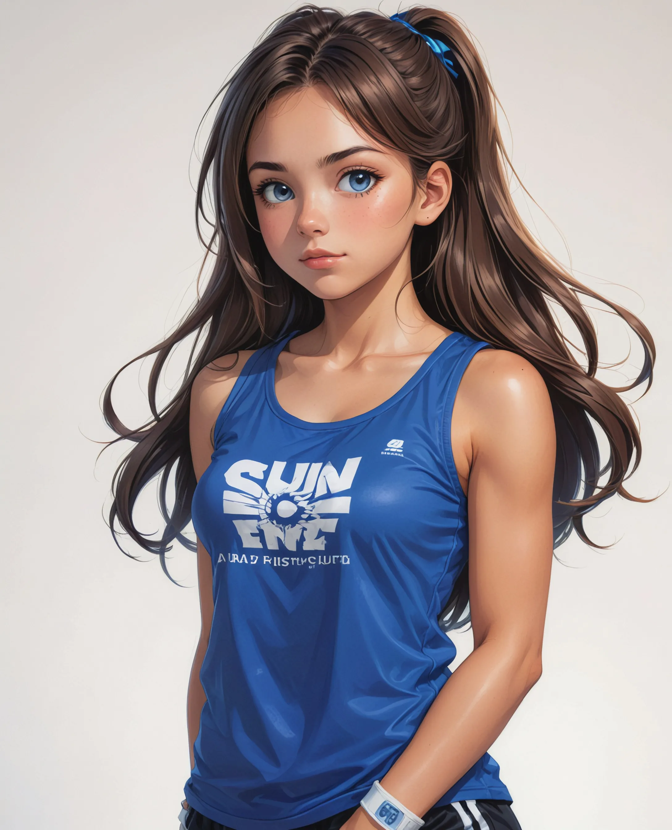 A white slightly tan girl with black/brown hair and hazel eyes filled with mischief. She has a lean athletic build and is wearing a shirt and athletic shorts in shades of blue and black. The background is white.