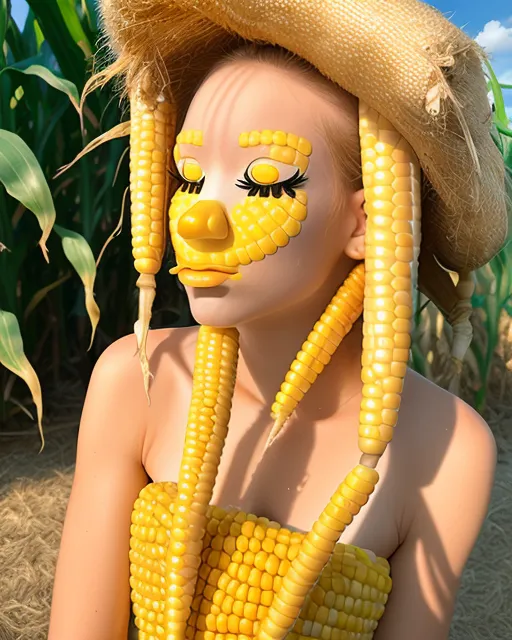 Beautiful woman made out of corn with corn like hair and a corn nose
