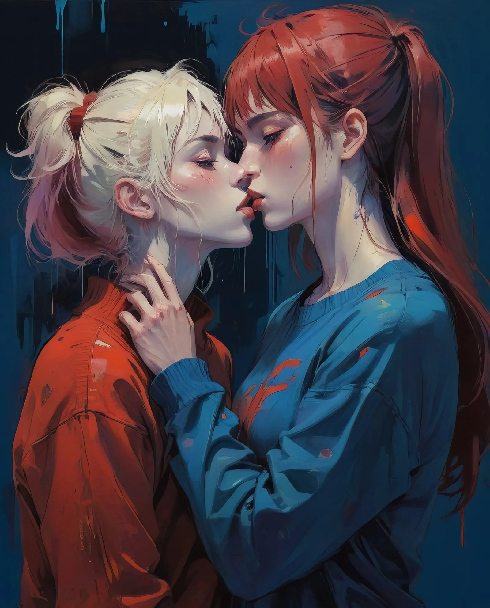 Two yong women kissing, pastel painting abstract portrait by jamie litch, in the style of aggressive digital illustration, dark blue, pensive poses, paint dripping technique, anime art, sharp brushwork,a painting of a henny with a red sweater, in the style of ross tran, captures raw emotions, ivanovich pimenov, pensive poses, dark red and dark blue, Seb Mckinnon, Jeremy Mann