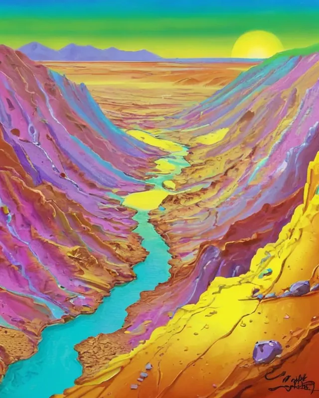 Sulfur mine in a valley on Venus, Stanley mouse art, Lisa Frank art 