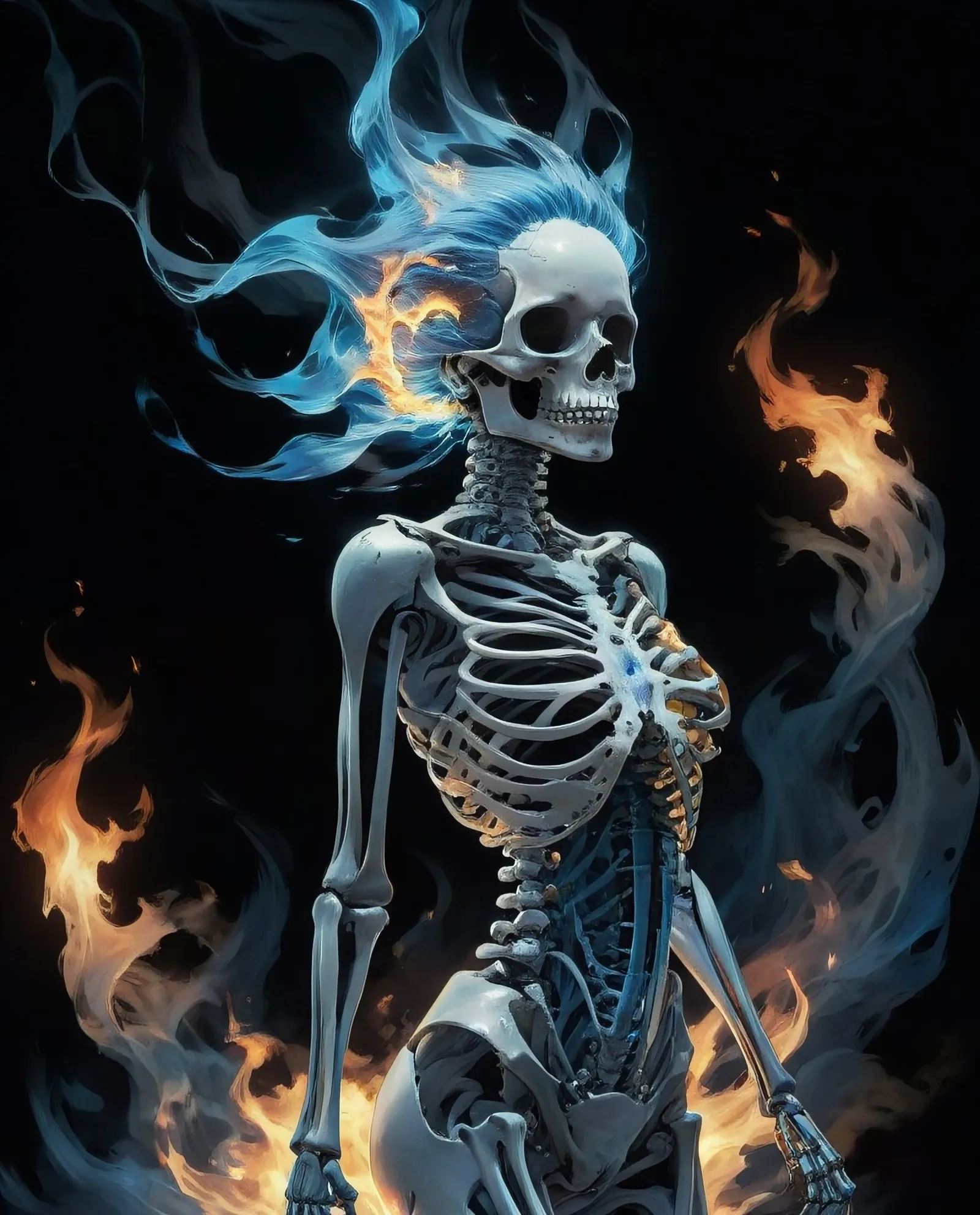 A skeletal figure with an eerie, ghostly presence. She appears to be engulfed in a blue, ethereal flame that emanates from her head and upper body. The flames create a dramatic contrast against the dark, shadowy background, emphasizing the otherworldly and spectral nature of the figure. Her posture is slightly hunched, adding to the haunting and unsettling atmosphere of the image. The use of light and shadow, along with the abstract, almost chaotic energy surrounding the skeleton, creates a sense of movement and dynamism.