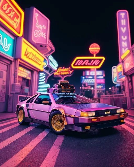 Delorean car with bronze rims on a street with the wheels slightly turned, detailed full-color,  hd photography,  detailed,  gloss, beautiful city at night,  long exposure city at night photography,  full-color,  urban street photography,  nightlife,  synthwave,  cityscape,  hd photography,  digital art,  4k, anime character,  vibrant,  sharp focus,  character 