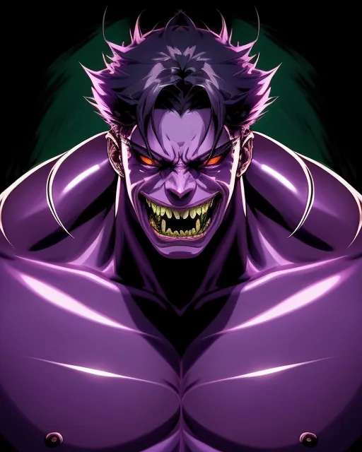 Horror, Purple and green beast, big, muscular, sharp teeth.