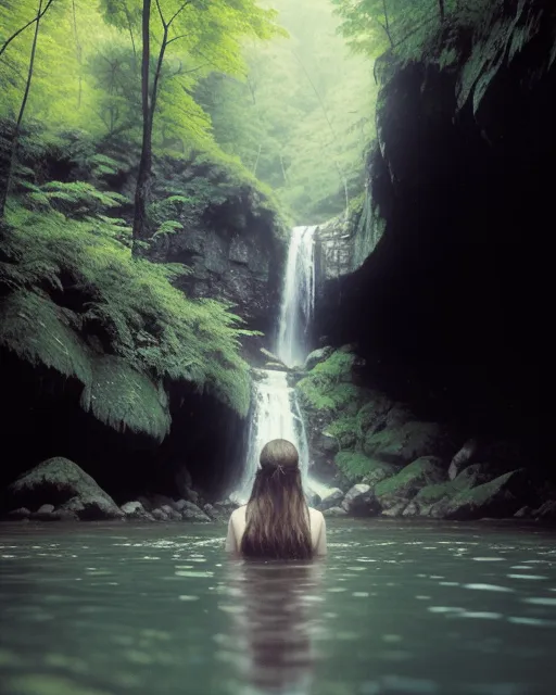 A girl in the deep forest looking at the waterfall