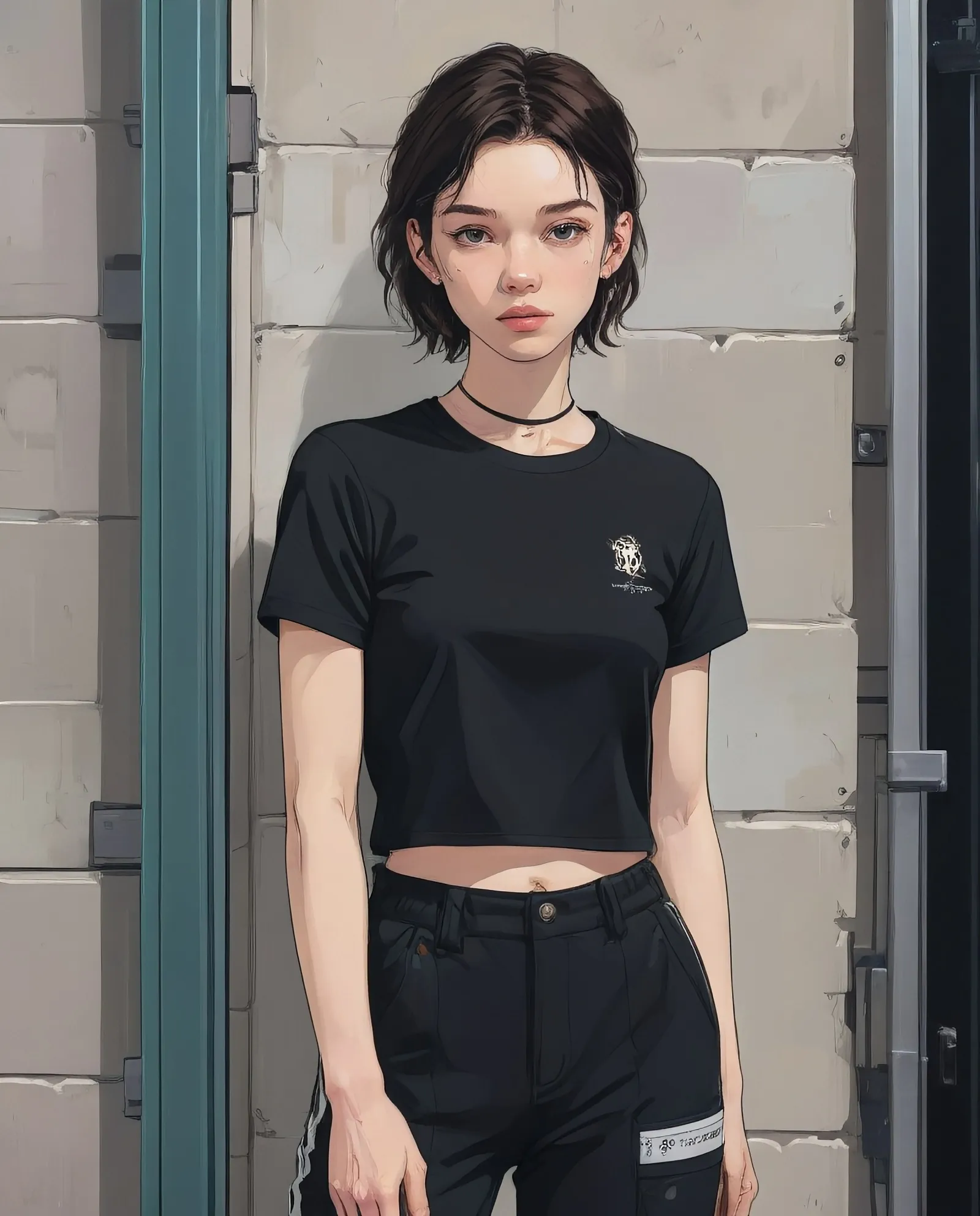 Àstrid Bergès-Frisbey with closely cropped hair and piercing eyes leans casually against a gym wall. a tight fitted black tee, revealing a glimpse of her waist. Her short cargo pants hint at hidden functionality.