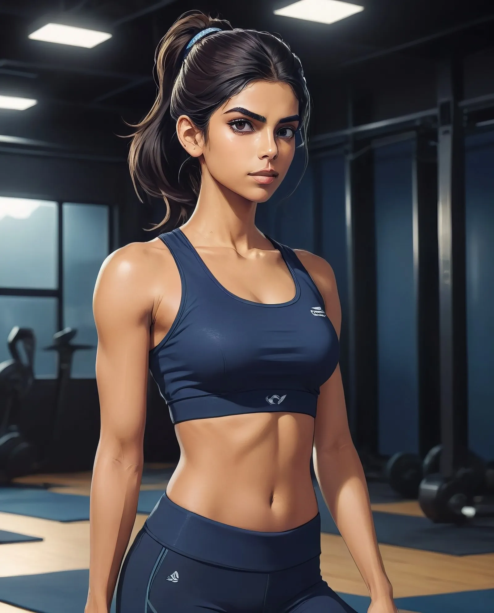 A toned sanam saeed stretches in a dimly lit dojo. Black yoga pants hug her athletic figure. A fitted, midnight blue tank top reveals a hint of toned muscle.